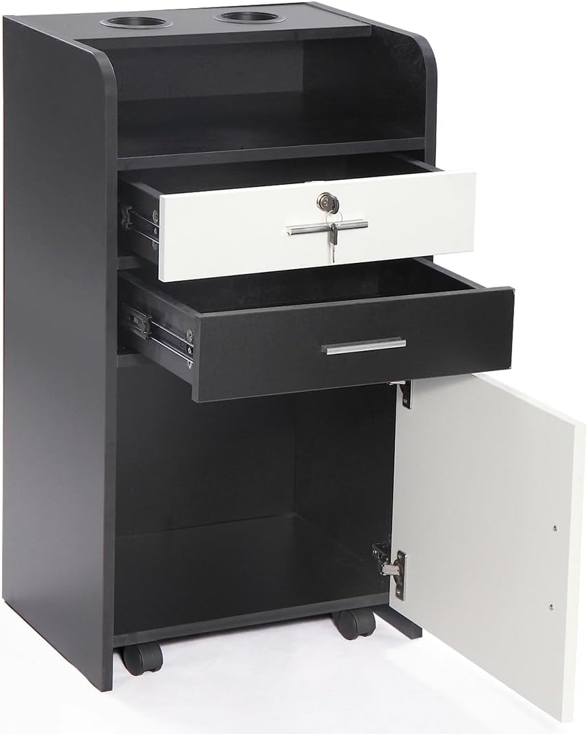 Rolling Hair Styling Salon Station with Wheels, Hair Stylist Cabinet with 2 Hair Dryer Holders, 2 Drawers Barber Salon Furniture for Hair Stylist, Hairdresser, Beauty, Tattoo (Black & White)