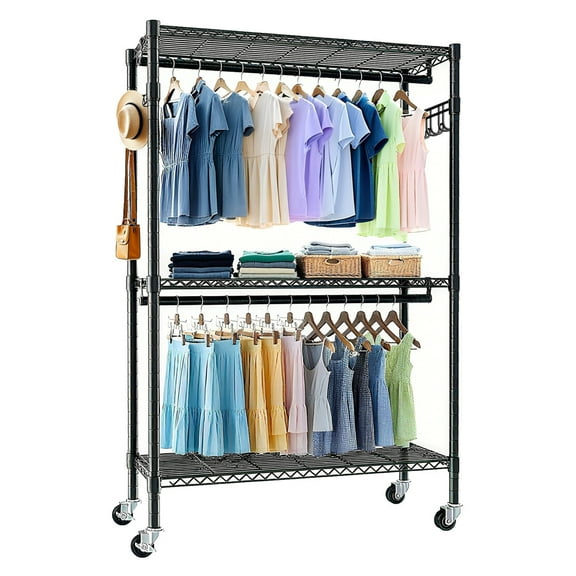 Rolling Heavy Duty Clothes Rack,Freestanding Closet Portable Clothing Rack with 3 Adjustable Wire Shelves,2 Hang Rods,Side Hooks,Metal Closet Storage Wardrobe,Max Load 300 LBS,Black
