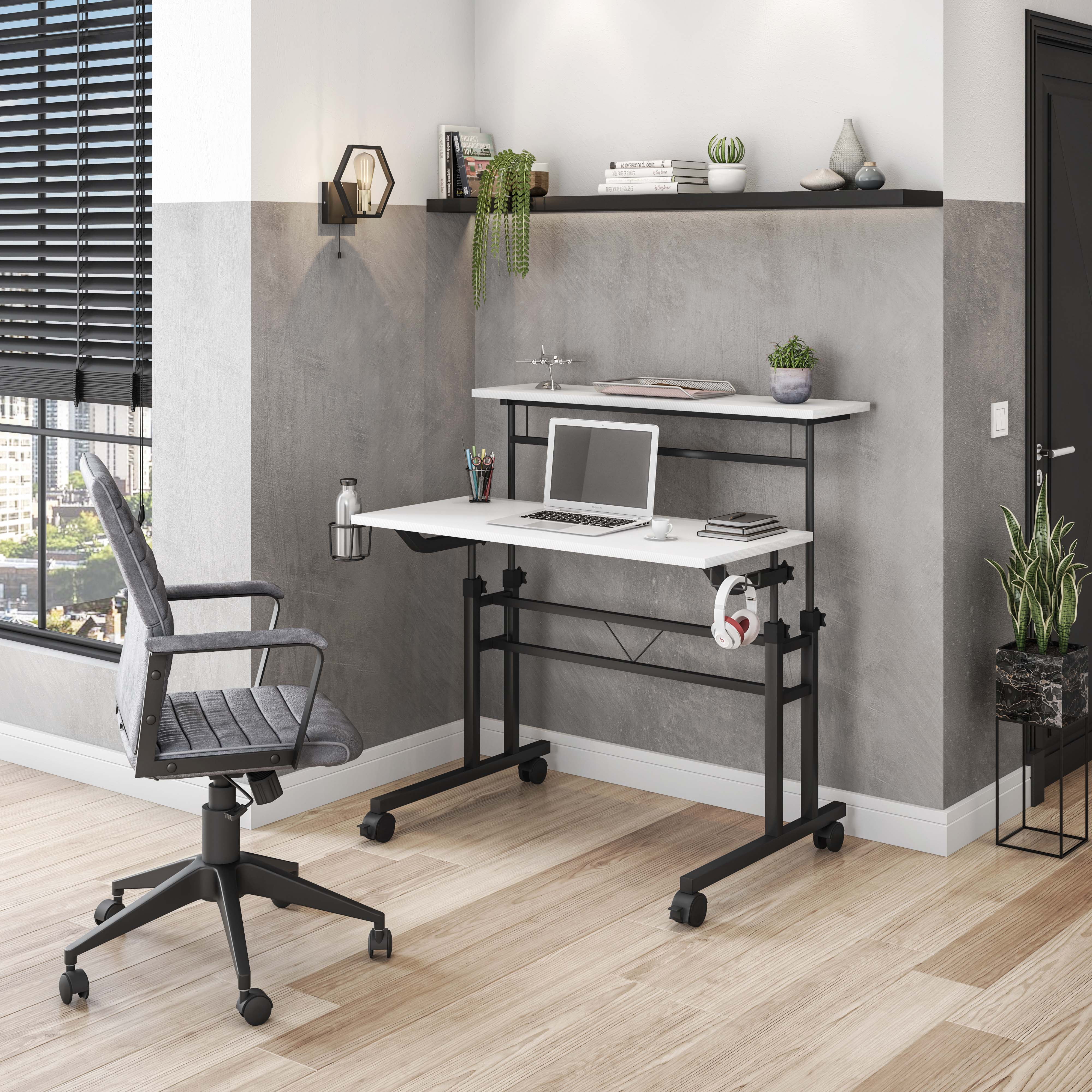 Rolling Height Adjustable Writing Desk with Movable Side Shelf, Carbon Fiber Textured Particle Board Top, Lockable Wheels Cup & Headphone Holders, Mobile Home Office Laptop Table