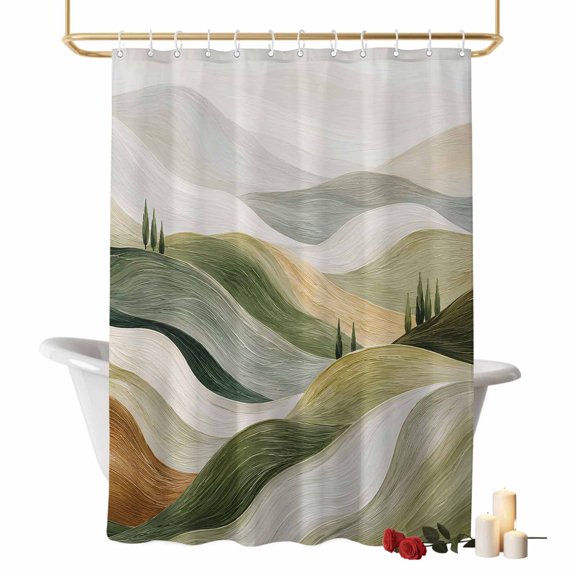 Rolling Hills Bathroom Shower Curtains with Hooks, Rustic Abstract Cypress Tree Fluid Layered Ridges Waterproof Fabric Washable Shower Curtain for Home Hotel Bathtub Decor 36x72 Inch