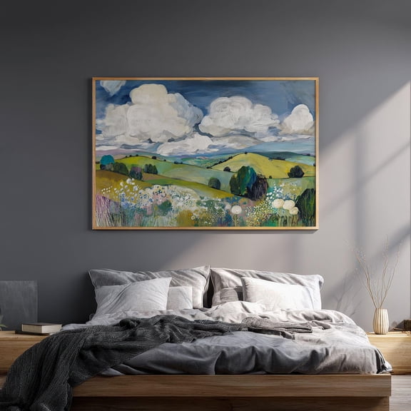 Rolling Hills Landscape Art Print, Clouds & Wildflowers Poster Vintage Style, Poster Only