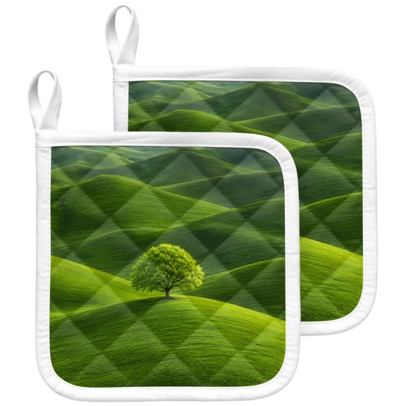 Rolling Hills Pot Holders for Kitchen Heatproof Potholder, 2 Pack Green Natural Tree Grass Landscape Hot Pads Multipurpose Oven Pads Terry Cloth Potholders Trivet for Cooking and Baking