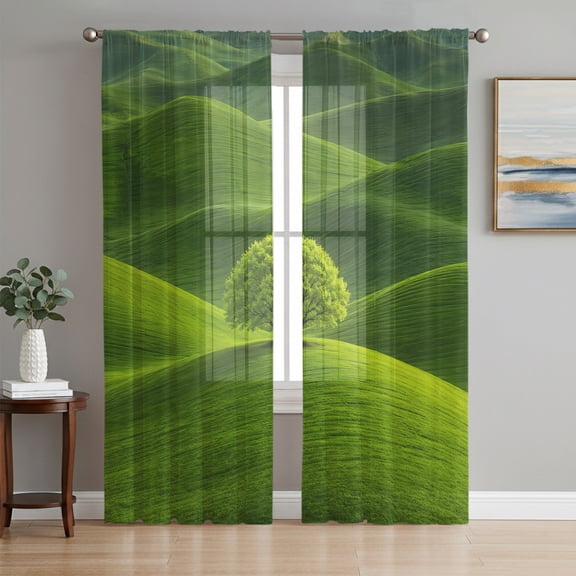 Rolling Hills Semi Sheer Curtains 63 Inch Length 2 Panels Set, Green Natural Tree Grass Landscape Sheer Kitchen Curtain Privacy Voile Window Curtain for Living Room Bedroom Rod Pocket Drapes