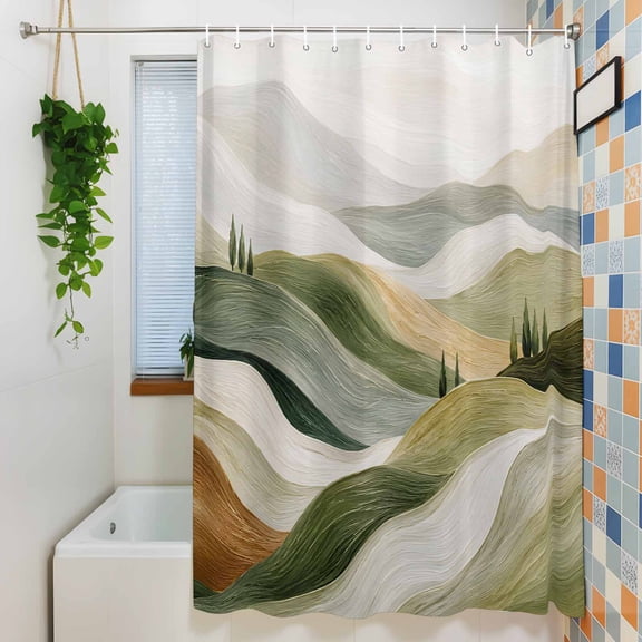 Rolling Hills Shower Curtain for Bathroom Decor, Rustic Abstract Cypress Tree Fluid Layered Ridges Waterproof Fabric Shower Curtain, 36"x72" Set with 12 Hooks