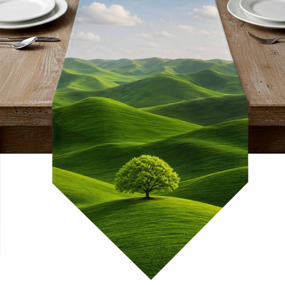 Rolling Hills Table Runner Linen Burlap Table Runner 36 Inches Small Green Natural Tree Grass Landscape Dresser Scarves for Kitchen Island Coffee Dining Room Party Wedding Holiday Decoration 13"x36"