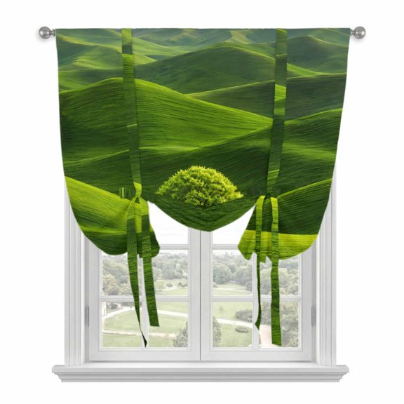 Rolling Hills Tie Up Curtains for Windows, Adjustable Balloon Window Shades, Green Natural Tree Grass Landscape Kitchen Window Treatments Adjustable Roll Up Curtain for Basement/Nursery 52"x45"