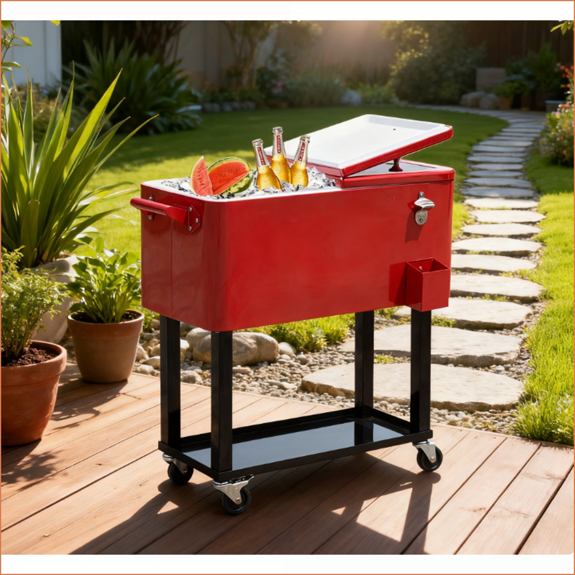 Rolling Ice Chest on Wheels | 80 Quart Cooling Bin, Built-in Bottle Opener, for Outdoor Backyard Pool Patio | Burgundy Red