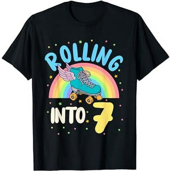 Rolling Into 7 Roller Skater Sport Birthday Party Rainbow T-Shirt