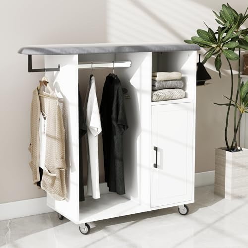 Rolling Ironing Board with Storage, Ironing Cart with Iron Holder and Coat Hanger, Multipurpose Ironing Cabinet with Wheels, Suitable for Laundry Room, Bedroom, Coat and hat, White