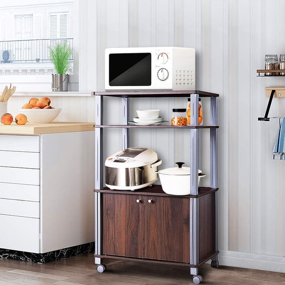 3-Tier Rolling Microwave Oven Stand with Utility Shelves Cabinet, Multifunctional Kitchen Baker's Rack Spice Workstation Organizer Storage Cart for Home Dining Room Commercial Use (Brown)