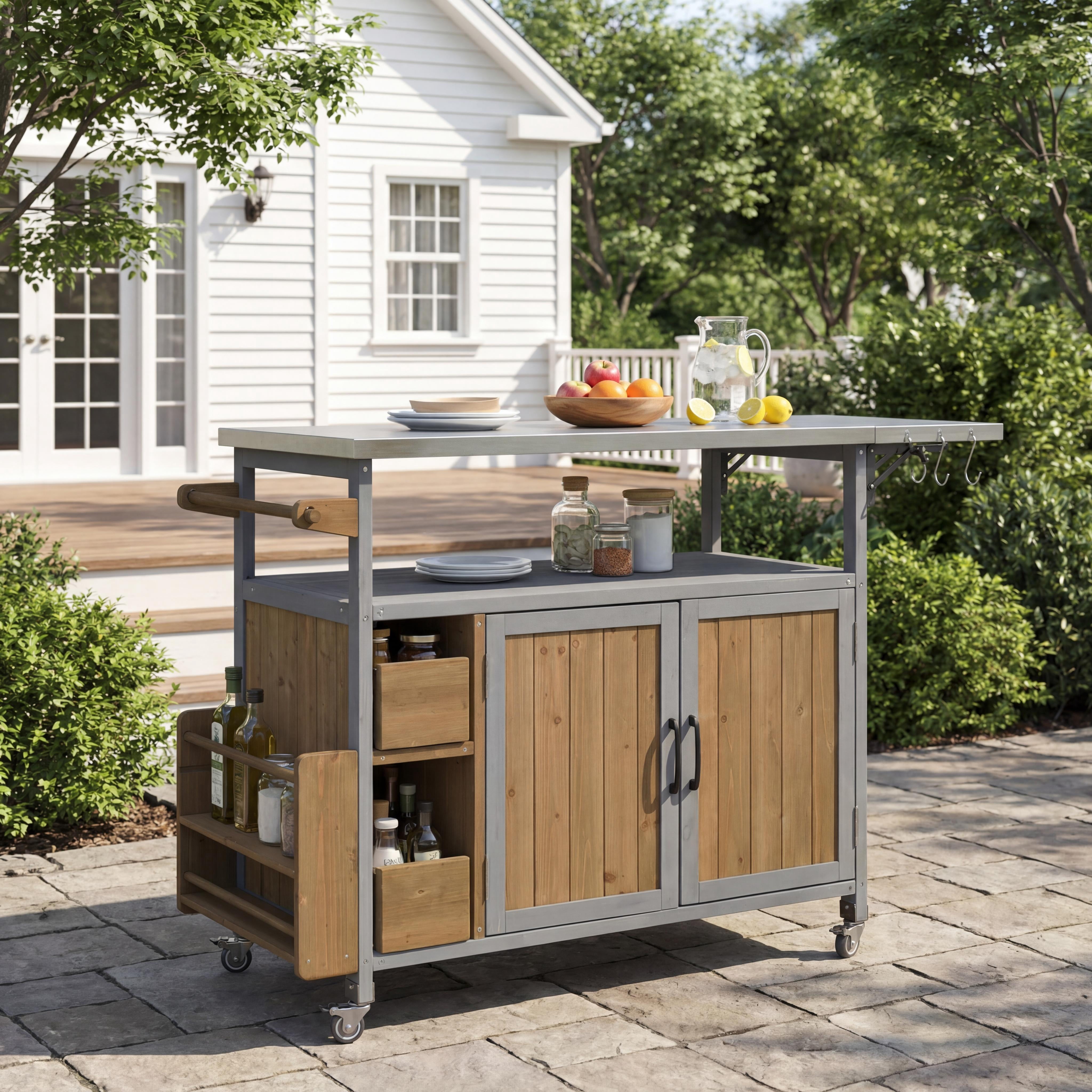 Rolling Kitchen Cart, 54.33 Inch Farmhouse Outdoor Serving Cart for Patio Backyard BBQ, Black