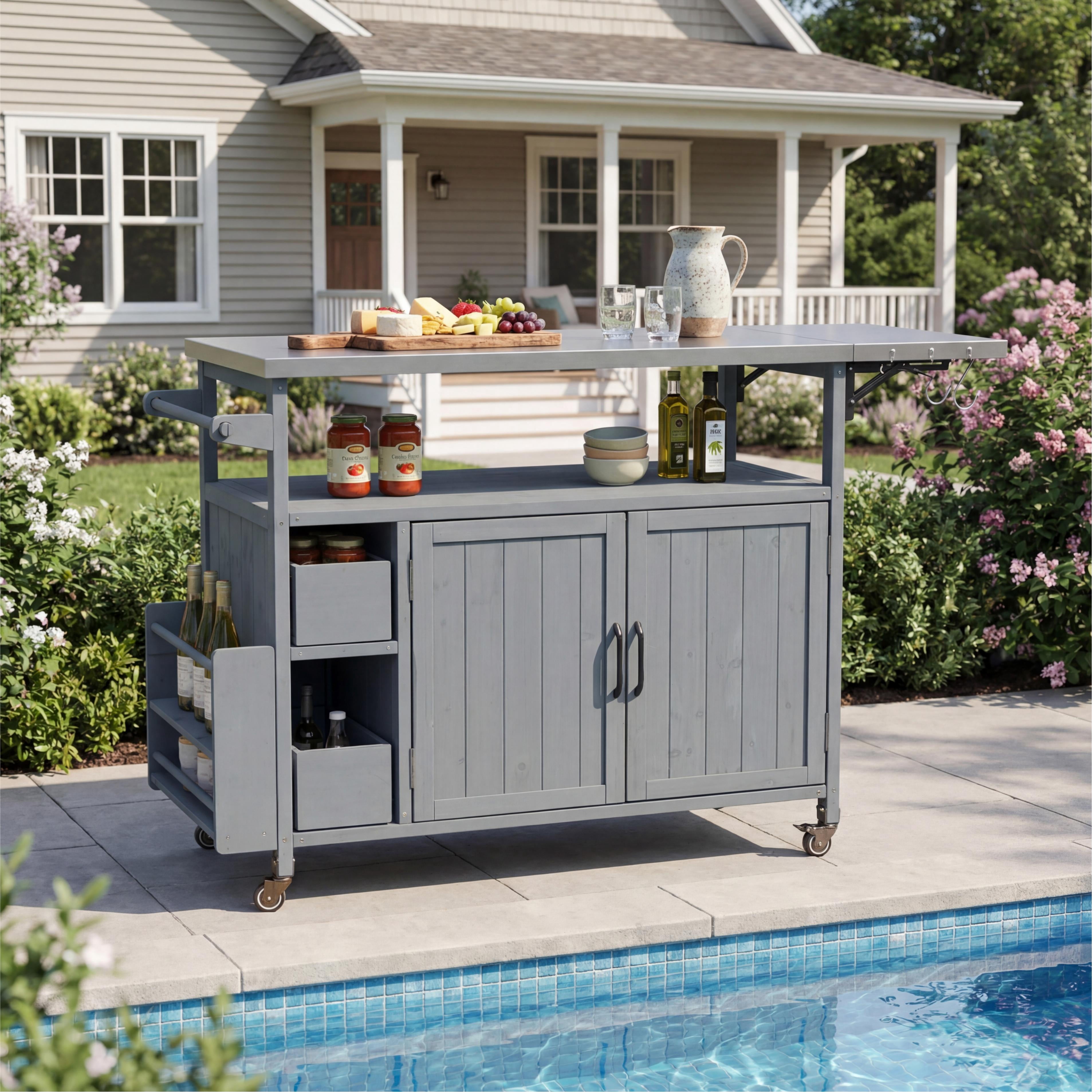 Rolling Kitchen Cart, 54.33 Inch Farmhouse Outdoor Serving Cart for Patio Backyard BBQ, Cream