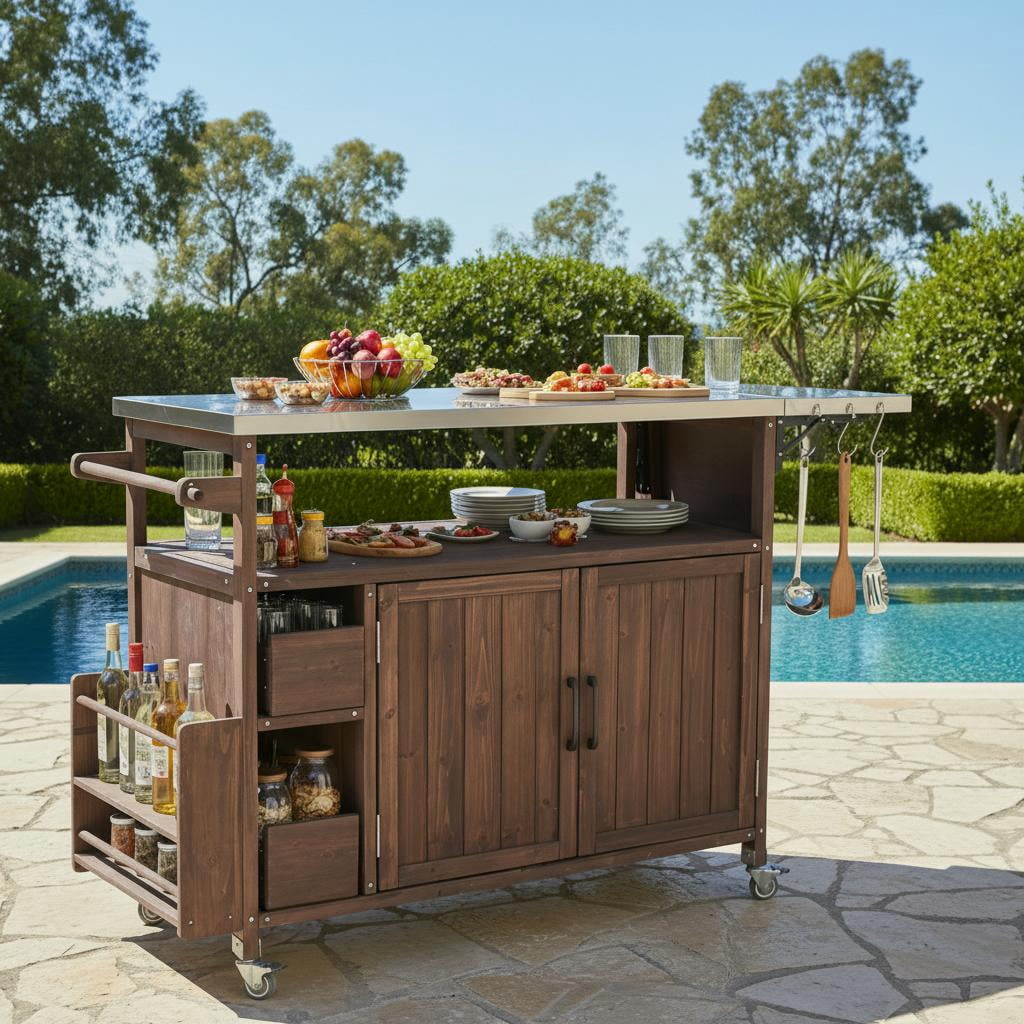 Rolling Kitchen Cart, 54.33 Inch Farmhouse Outdoor Serving Cart for Patio Backyard BBQ, Dark Brown