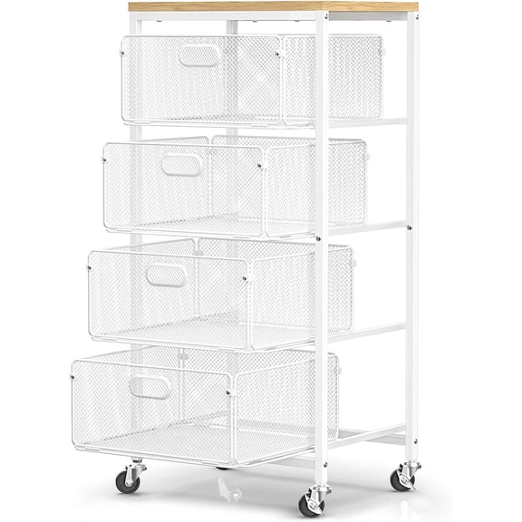 Rolling Kitchen Cart with Drawers, 4-Tier Utility Cart Fruit Vegetable Storage Cart with Lockable Wheels, Wooden Top Metal Kitchen Storage Organizer for Cans, Snacks, Beauty, Craft, Art