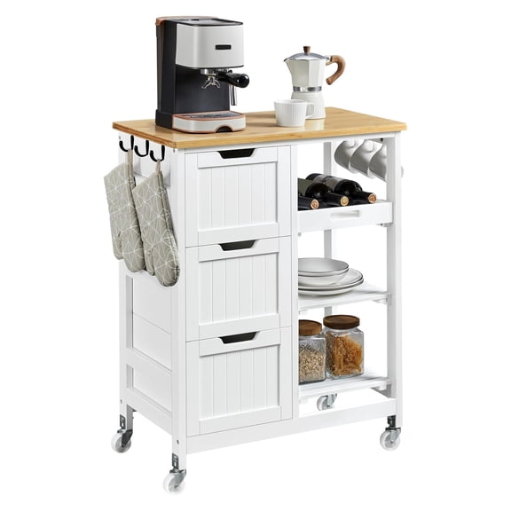 Rolling Kitchen Cart,Drawers and Open Shelves,Kitchen Island Serving Cart,Bamboo Top,Dining Room & Laundry,White