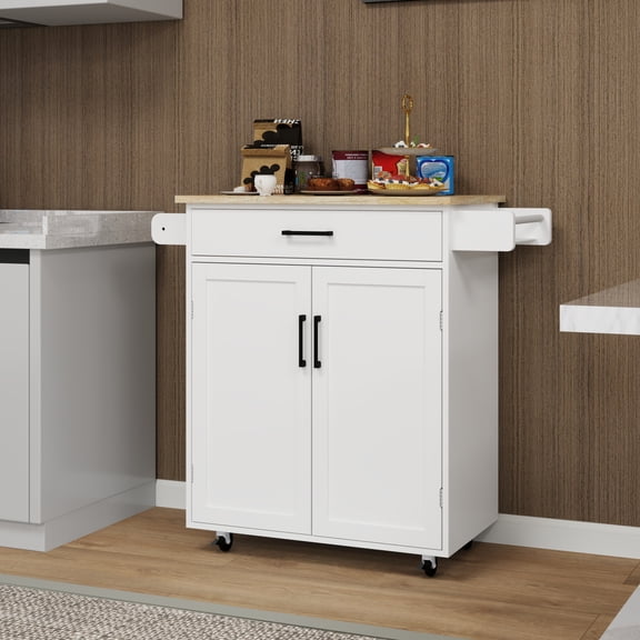 Rolling Kitchen Cart with Storage Solutions, White Adjustable Mobile Island Featuring 1 Drawer, 2 Doors, Towel Bar & Spice Rack for Compact Home Kitchens