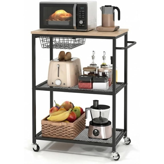 Rolling Kitchen Cart on Wheels  3-Tier Mobile Utility Cart with Wood Tabletop, Metal Serving Cart with Handle and Shelf Liner for Kitchen, Restaurant, Coffee Bar, Living Room & Office, Black