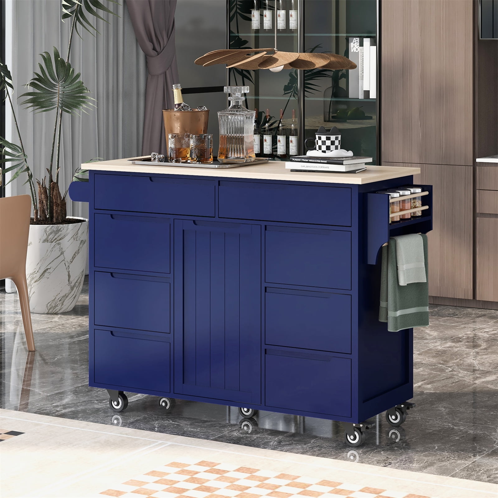 Rolling Kitchen Cart on Wheels, Farmhouse Kitchen Island with 8 Drawers ...