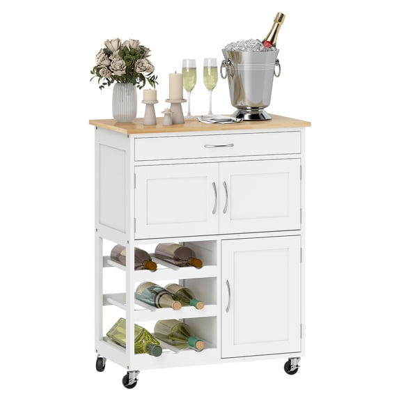 Rolling Kitchen Cart with Wine Rack, Kitchen Island Storage - White Wood Countertop, Drawer & Cabinets, 9 Bottle Capacity, Mobile Utility Cart for Kitchens