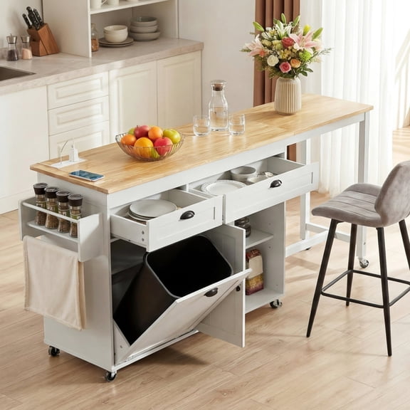 ROGALIS Rolling Kitchen Cart w/Extendable Dining Table, 81.7" Mobile Kitchen Storage Islands w/Trash Cabinet, Power Outlet, Spice Rack & Towel Rack, White
