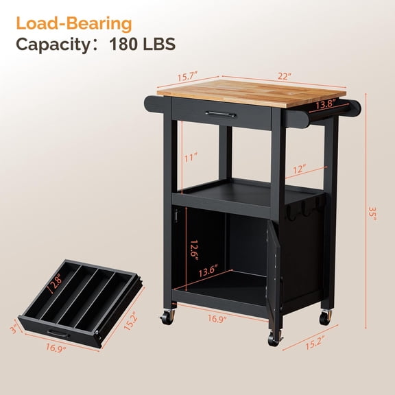 Rolling Kitchen Cart with Storage Cabinet & Drawer, Compact Kitchen Island on Swivel Wheels, Small Kitchen Cart with Side Hooks & Towel Rods, Black