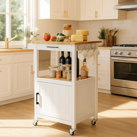 Noelse Rolling Kitchen Cart with Drawer and Open Shelf, Mobile Island Storage Cabinet, White