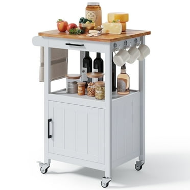 Noelse Rolling Kitchen Island with Storage and Rubber Wood Countertop, Microwaves Stand for Small Space, White