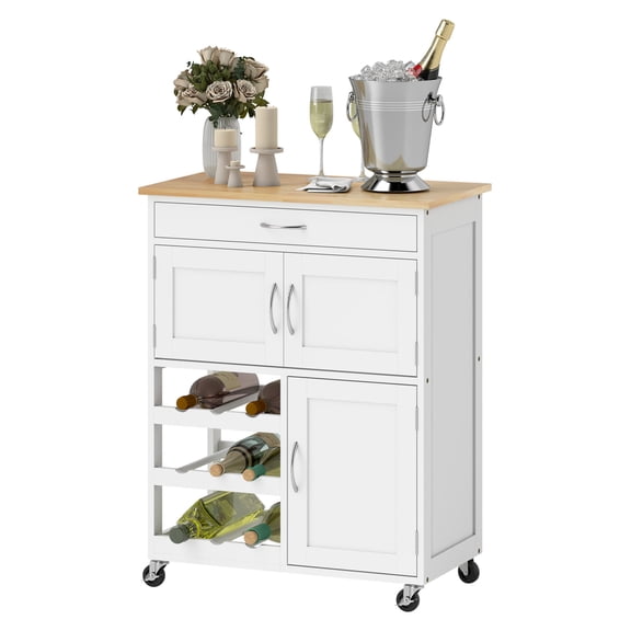 Rolling Kitchen Cart with Wine Rack, White Kitchen Island with Storage - 9 Bottle Capacity, Wooden Countertop, Drawer & Cabinets