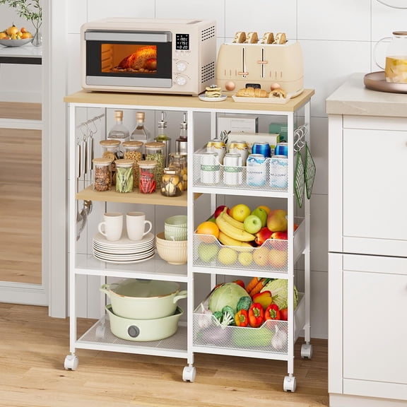 Rolling Kitchen Carts with Storage - Microwave Table Stand with 6 Hooks & 3 Baskets, kitchen Island Cart on Lockable Wheels, 28.3" L  14.6" W Bakers Rack Cart for Dining Room Coffee Bar Office