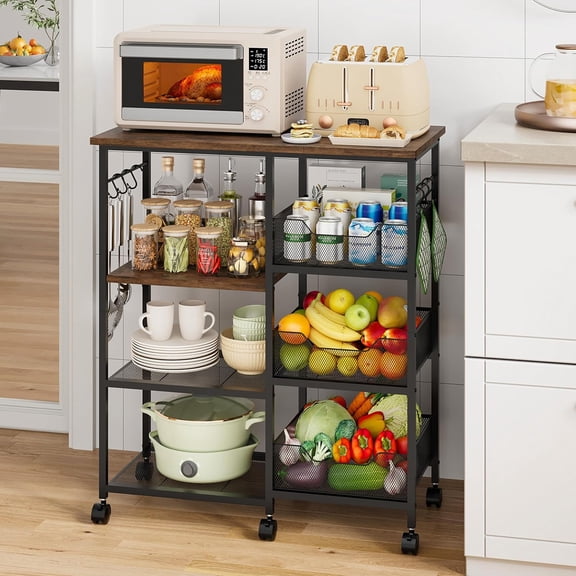 Rolling Kitchen Carts with Storage - Microwave Table Stand with 6 Hooks & 3 Baskets, kitchen Island Cart on Lockable Wheels, 28.3" L  14.6" W Bakers Rack Cart for Dining Room Coffee Bar Office