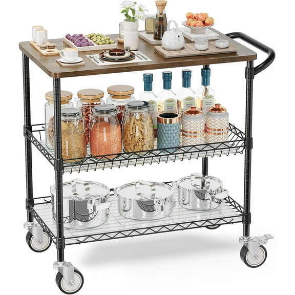 Rolling Kitchen Carts with Wheels, 34" L x 17.5" W, 3-Tier Heavy Duty Utility Cart with Wood Tabletop, NSF Commercial Metal Serving Cart with Handle and Shelf Liner for Kitchen, Chrome