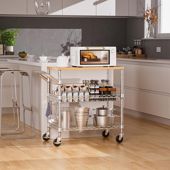 Rolling Kitchen Carts on Wheels, 650Lbs Capacity 3 Tier Utility Cart with Wood Tabletop, Kitchen Storage Cart with 8 Hooks, Metal Serving Cart with Handle and Shelf Liners for Kitchen, Restaurant