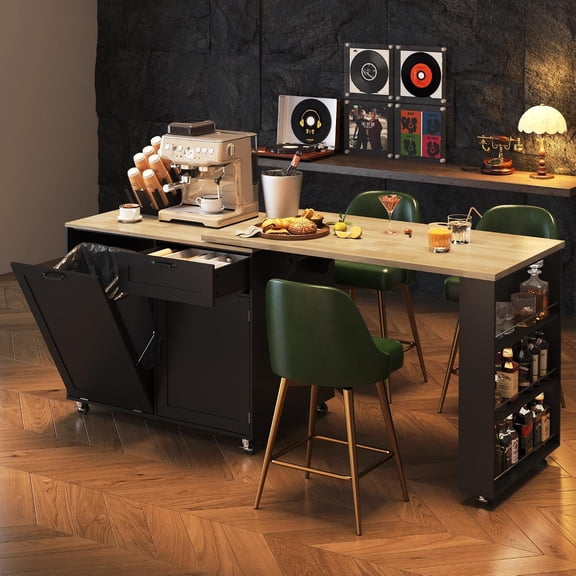 Rolling Kitchen Island with 360° Rotating Extendable Dining Table, 72" Large Island Cart Table with Power Outlet & 7-Tier Spice Racks & Trash Can Storage, Cord Management Hooks