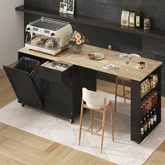 Rolling Kitchen Island with 360° Rotating Extendable Dining Table, 72" Large Island Cart Table with Power Outlet & 7-Tier Spice Racks & Trash Can Storage, Cord Management Hooks
