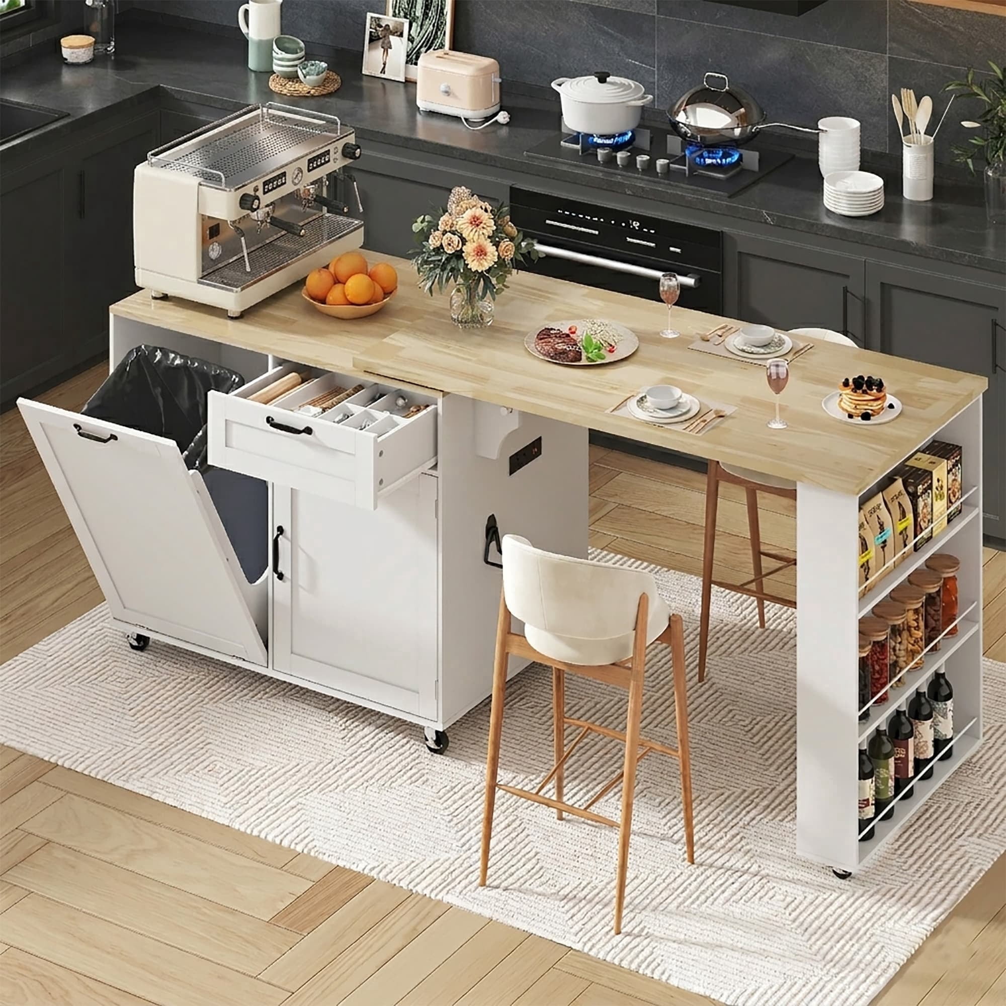 Rolling Kitchen Island with 360° Rotating Extendable Dining Table, 72" Large Island Table with Power Outlet & 7-Tier Spice Racks & Trash Can Storage, Cord Management Hooks