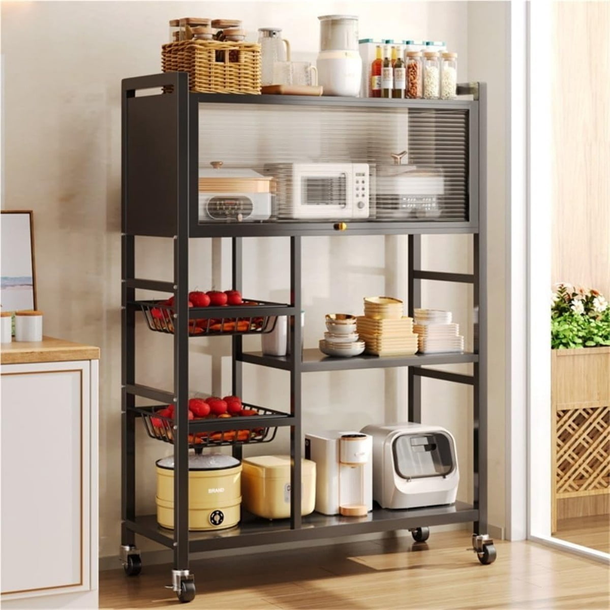Rolling Kitchen Island, 4-Tier Kitchen Storage Cart with Dust-Proof Cabinet, 2 Removable Mesh Baskets, 360° Wheels, Slim Organizer Rack