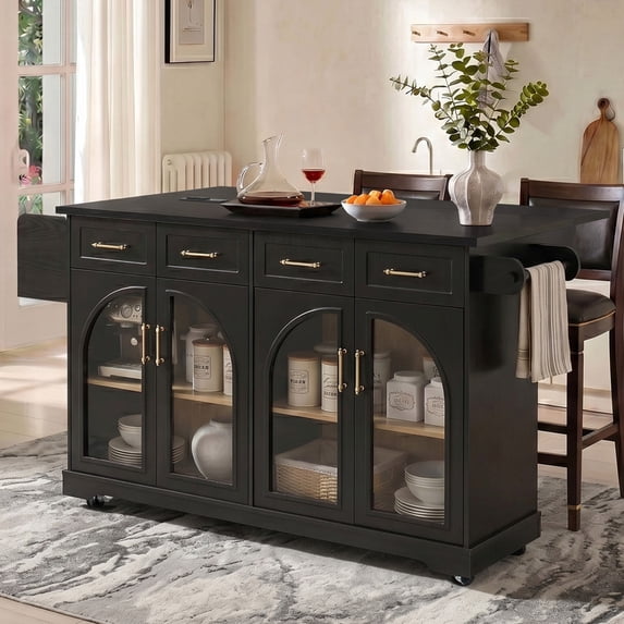 Rolling Kitchen Island Cabinet with Drawers & Drop Leaf, Storage Cart on Wheels with Arched Glass Doors, Power Outlet & Spice Rack