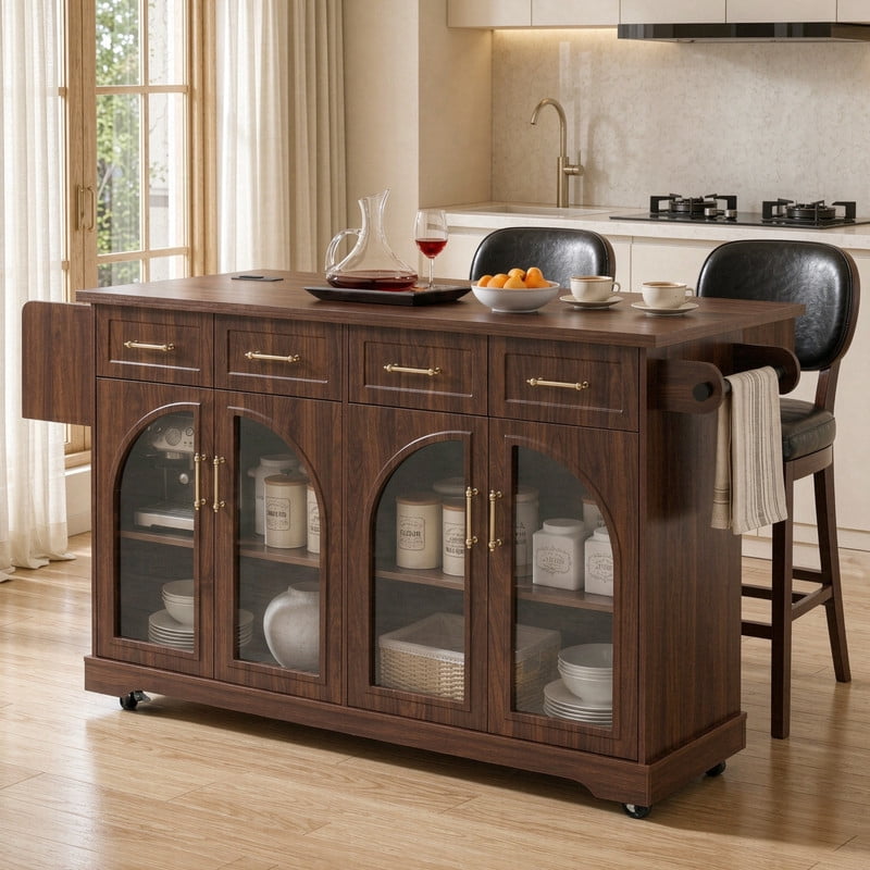Rolling Kitchen Island Cabinet with Drawers & Drop Leaf, Storage Cart on Wheels with Arched Glass Doors, Power Outlet & Spice Rack