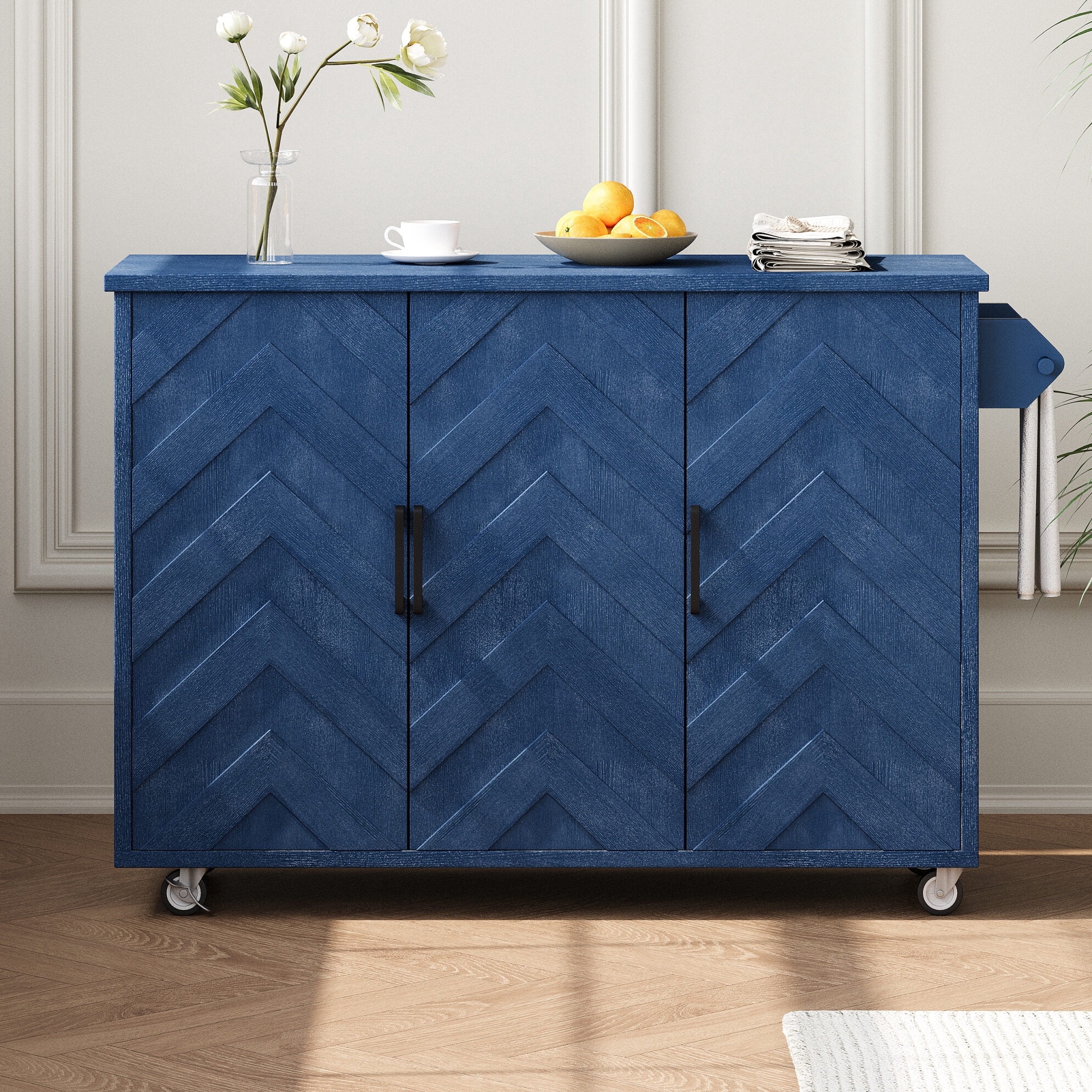 Rolling Kitchen Island Cart with 3D Wave Stripes Ash Veneer, Compact ...