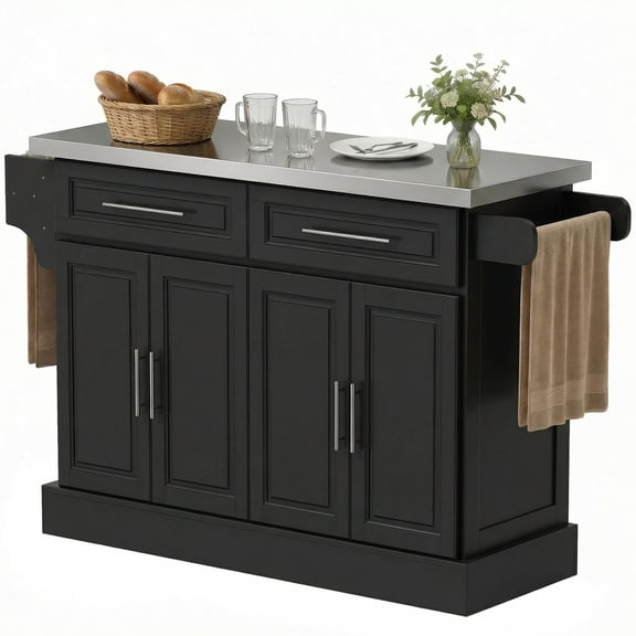 Rolling Kitchen Island Cart with 47" Stainless Steel Top, Portable Island Table for Kitchen with Wheels, Adjustable Shelves, 2 Drawers, Spice, Knife and Towel Rack, Black