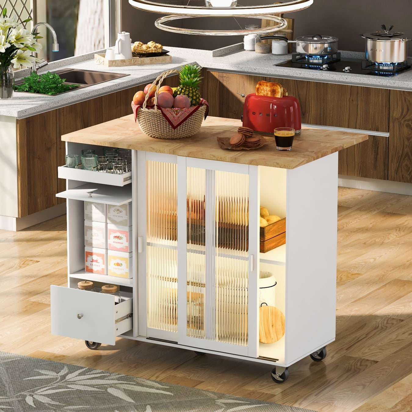 Rolling Kitchen Island Cart on 5 Wheels with Drop Leaf, LED Light
