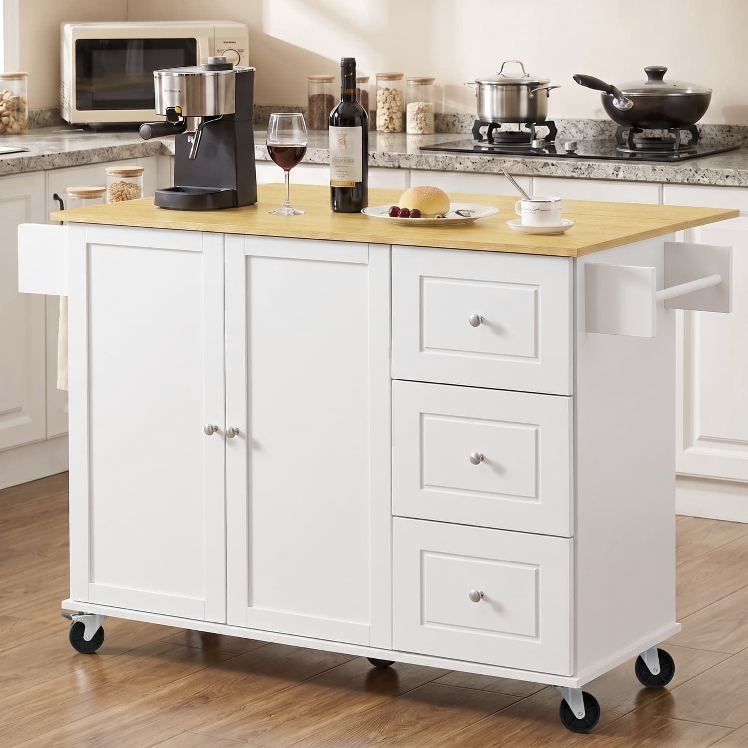 Rolling Kitchen Island Cart with Drop-Leaf, 3 Drawers, Cabinet, Spice Rack, Towel Rack, 5 Casters, 250 lbs Capacity, Mobile Storage for Kitchen Dining