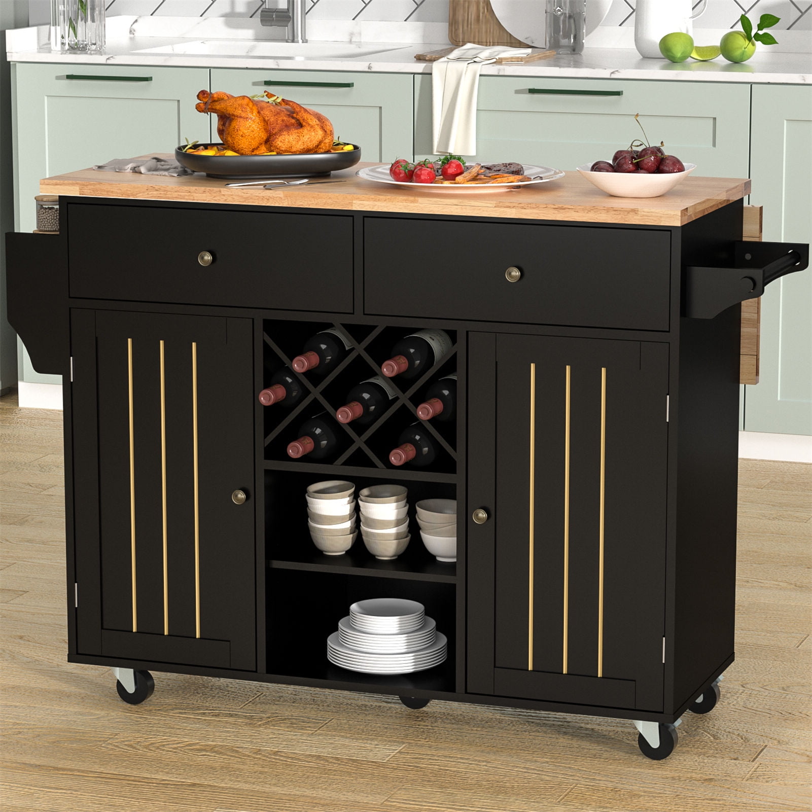 Rolling Kitchen Island Cart with Drop Leaf and Wine Rack Ktichen