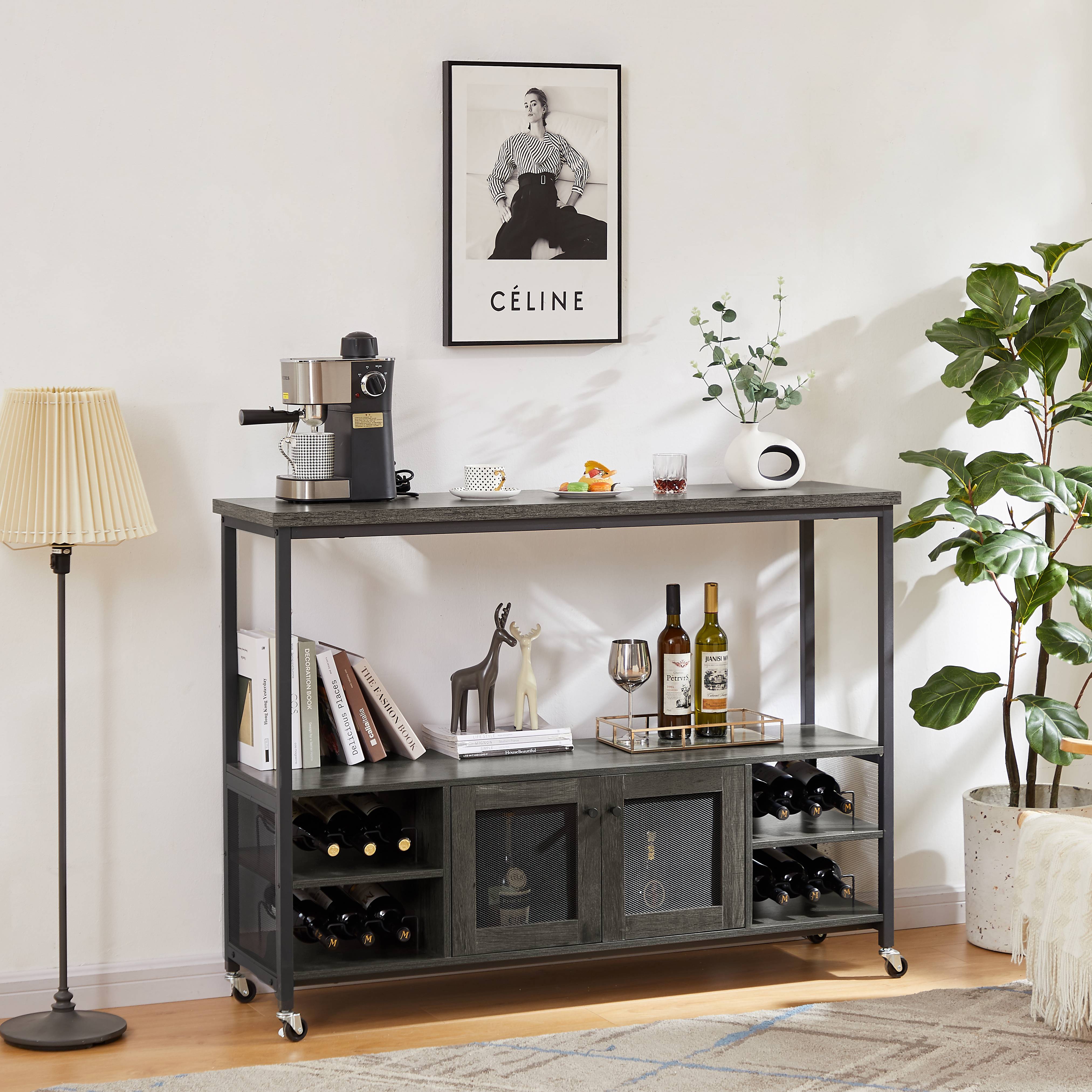 Rolling Kitchen Island Cart with DropLeaf and Wine Rack, Microwave