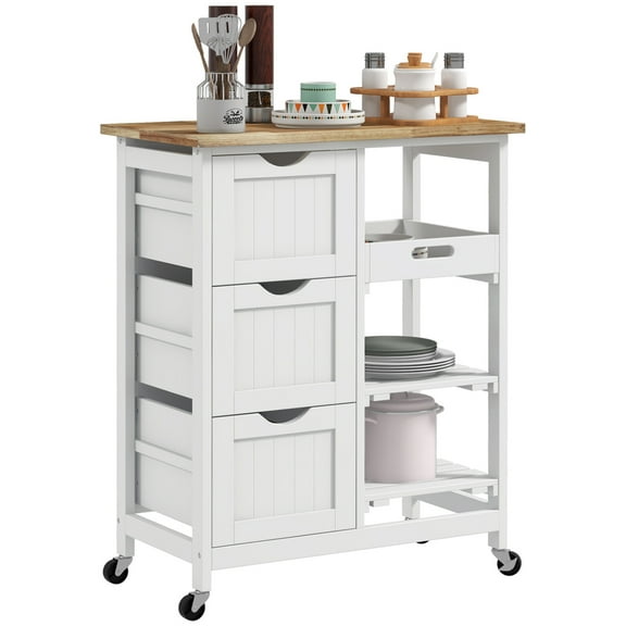 Rolling Kitchen Island Cart, Kitchen Cart with Butcher Block & Drawers, White