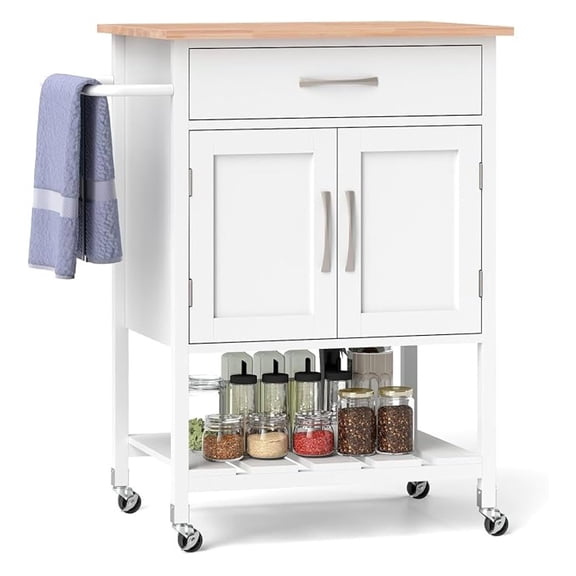 Rolling Kitchen Island Cart, Mobile Serving Cart with Drawer, 2-Door Storage Cabinet, Storage Shelf, , Food Prep Utility Cart on Wheels for Dining Room, Living Room (White)