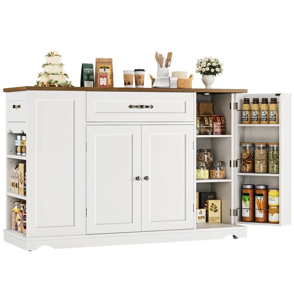 Rolling Kitchen Island Cart, Mobile Storage Cabinet Organizer Prep Table With Drawers Adjustable Shelves And Side Spice Rack On Wheels For Dining Room, Modern Furniture, White