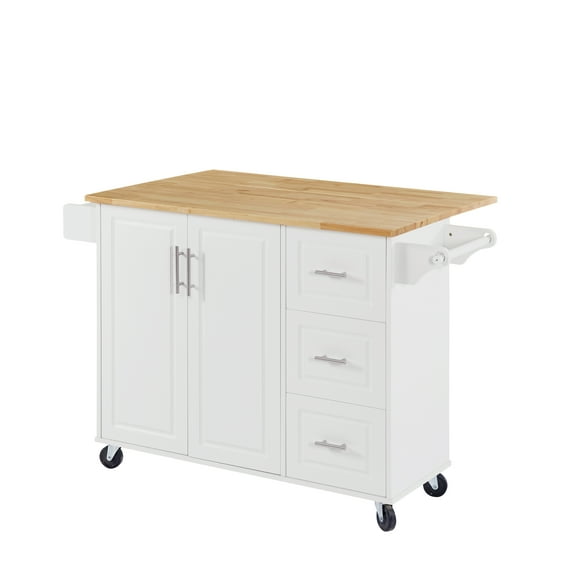 Rolling Kitchen Island Cart, Modern Barn Door Kitchen Island Table With Drop Leaf Countertop, 3 Drawers Bar Cart On Wheels With Tower Rack