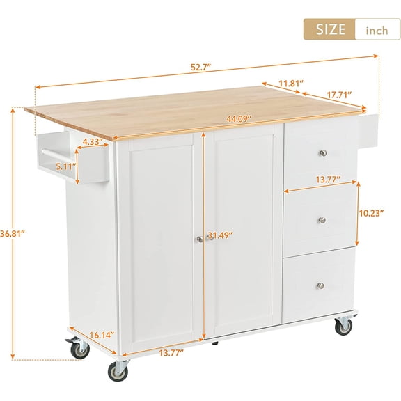 Rolling Kitchen Island Cart with Solid Wood Drop Leaf Breakfast Bar on Wheels, Mobile Kitchen Islands with Storage Cabinet, Drawers, Towel Rack for Kitchen, Dining Room, 52.7 Inch Width, White