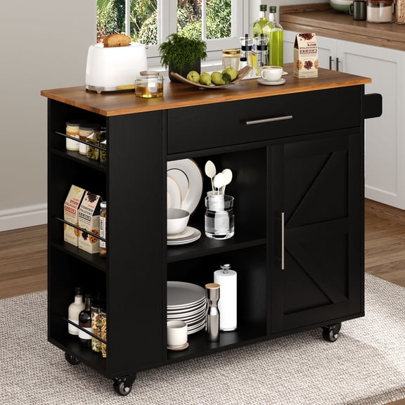Rolling Kitchen Island Cart with Storage, Black Mobile Kitchen Cart on Wheels with Spice Rack, Towel Rack, Open Shelves & Drawer, Versatile Serving Cart for Kitchen Dining Room